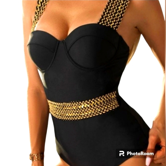 Sz L LUXURY One-Piece Black Bathing Suit Pushup Gold Detail Elegant - Picture 3 of 16